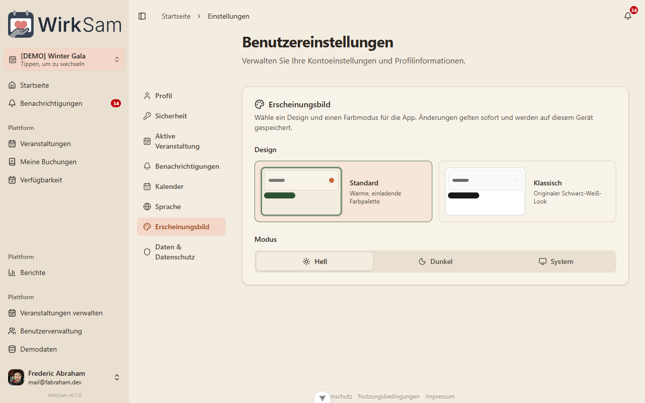 Erscheinungsbild-Einstellungen mit Standard- und Klassisch-Kacheln sowie Hell/Dunkel/System-Auswahl