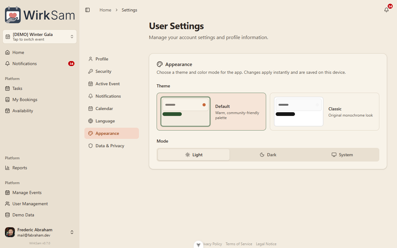 Appearance settings showing Default and Classic theme tiles plus Light/Dark/System mode picker