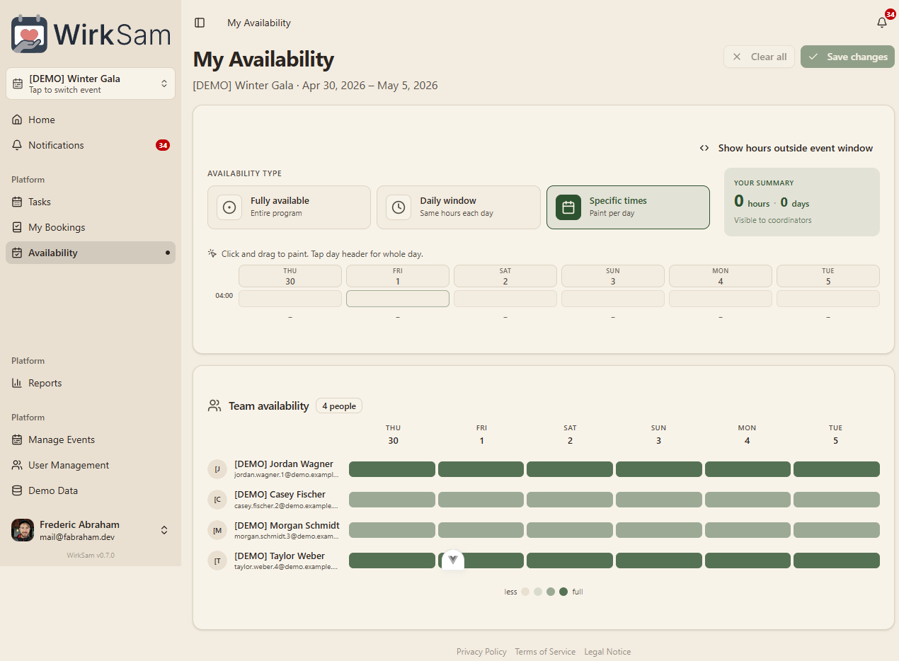 My Availability page with mode picker, paint grid, and team availability heatmap
