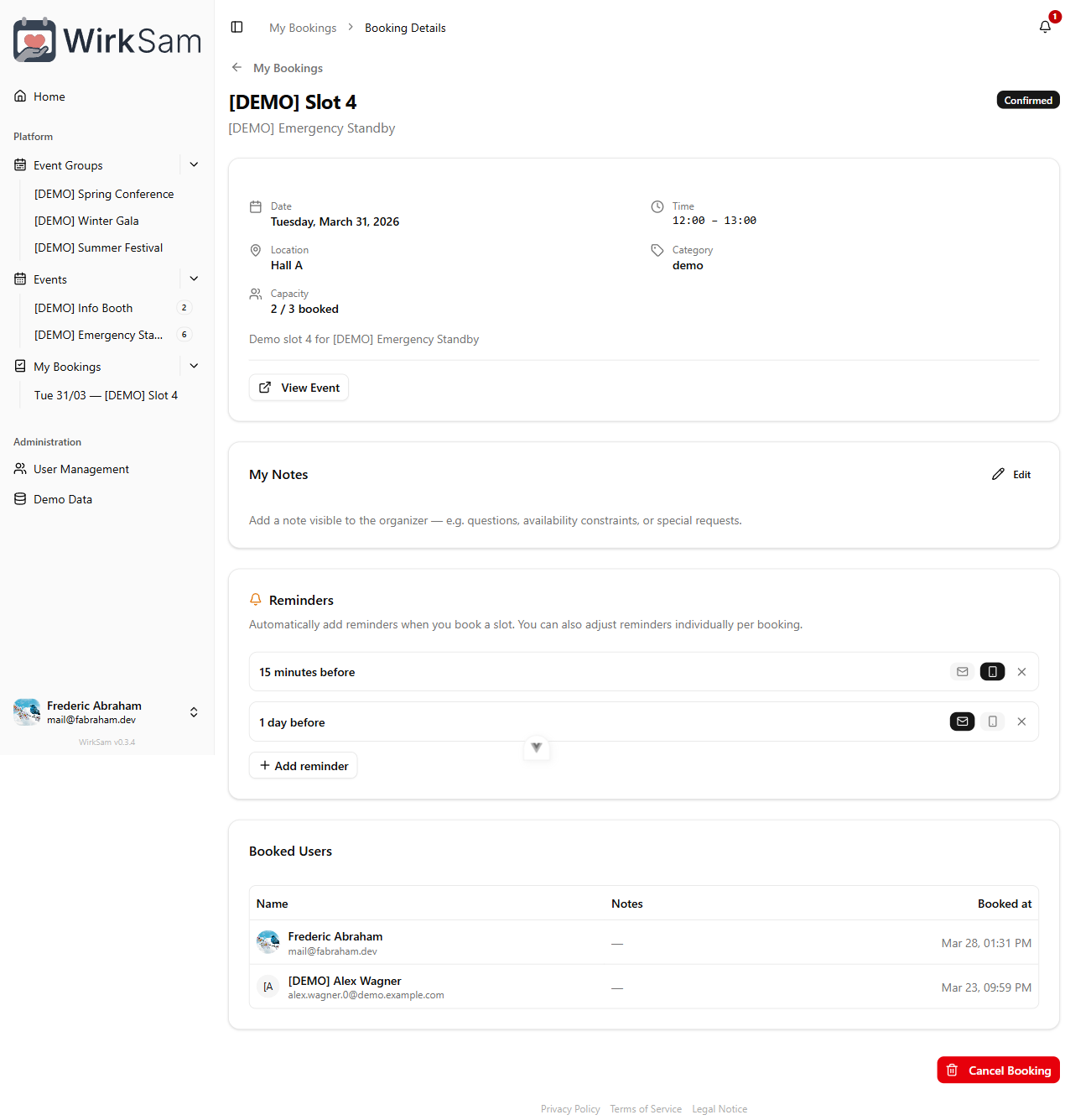 Booking detail view with reminders and notes