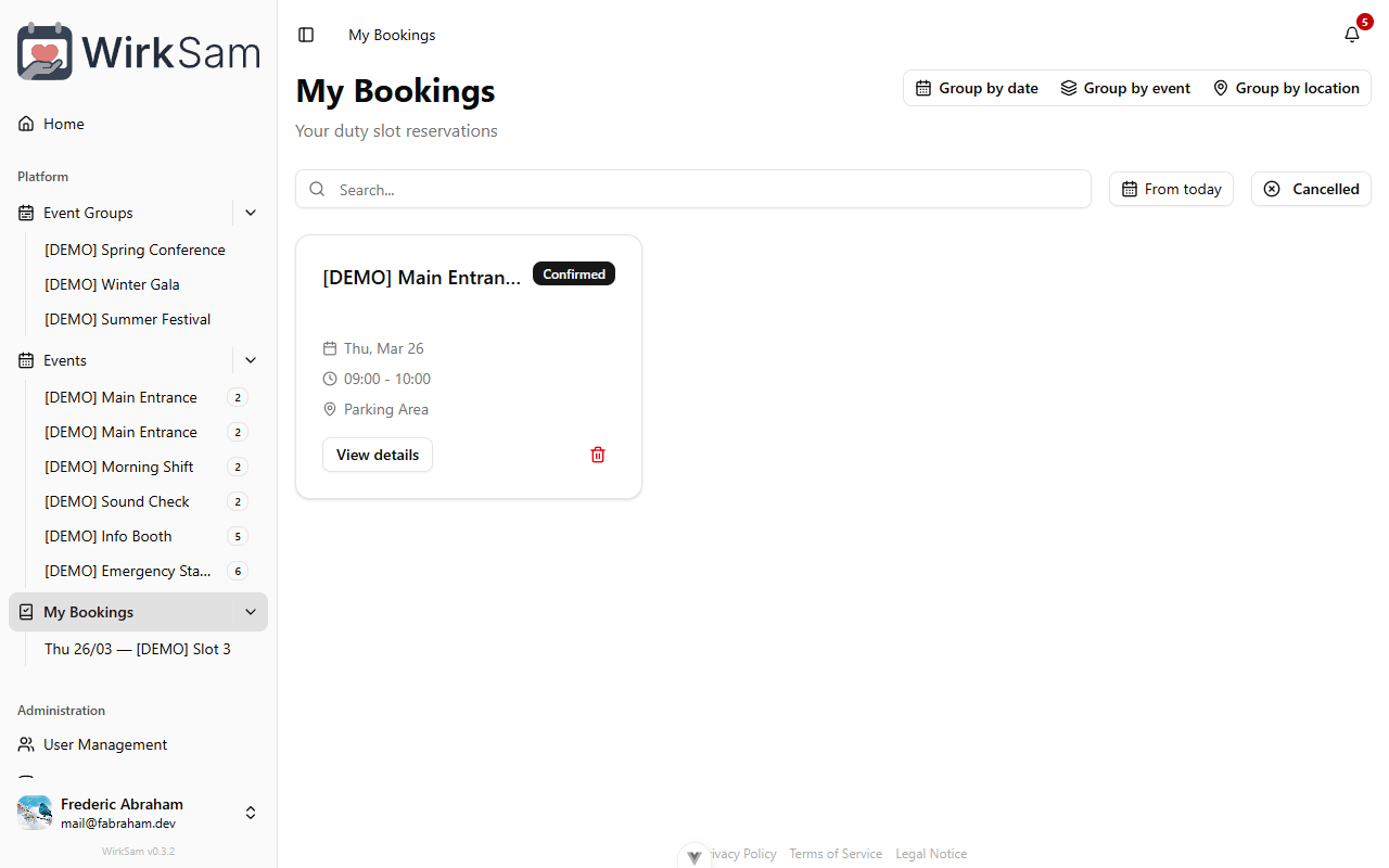 Bookings view with date filter and grouping options