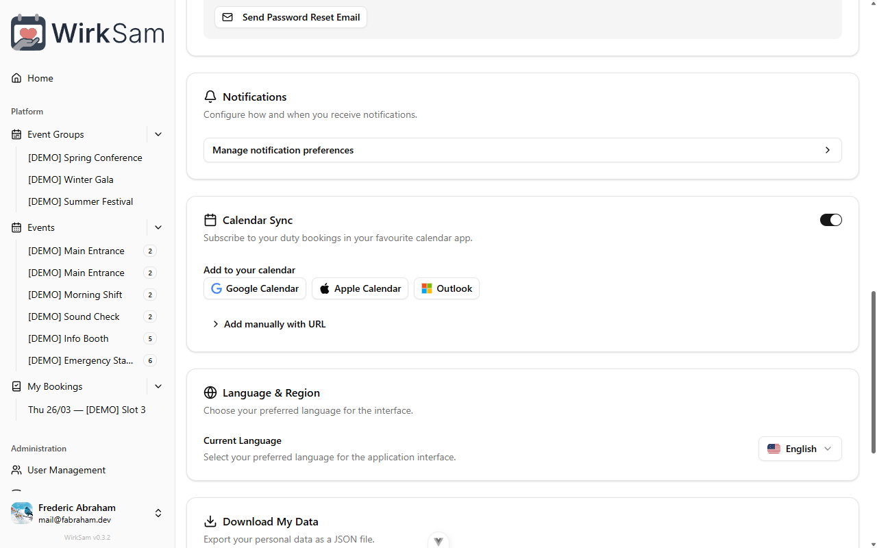 Calendar sync settings with one-click buttons for Google, Apple, and Outlook