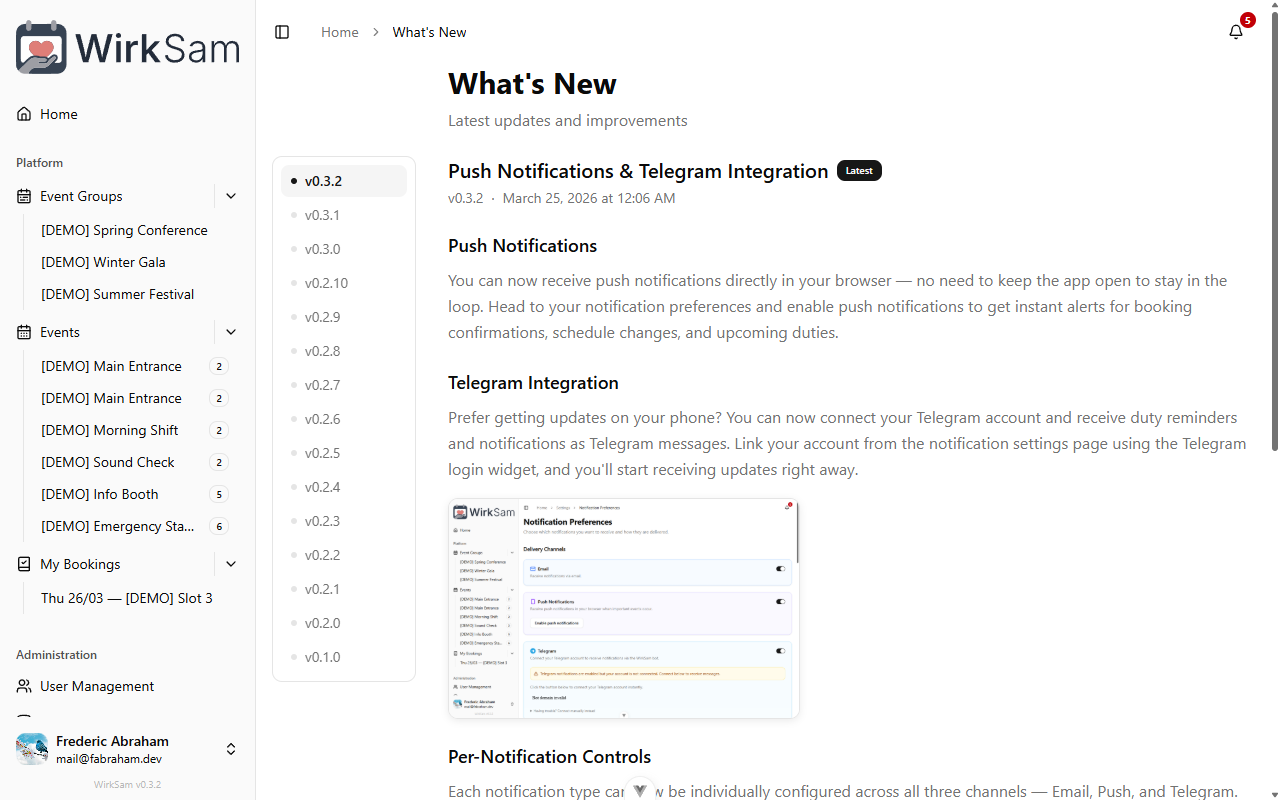 What's New page showing version history with navigation