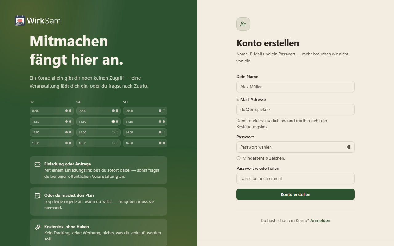 Konto erstellen, mit dem Passwort zweimal eingegeben