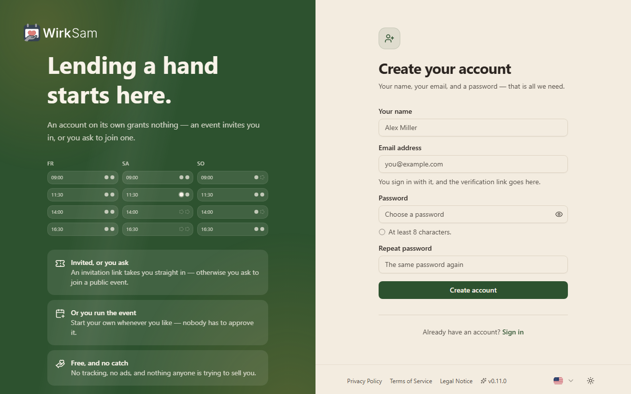 Creating an account, with the password typed twice