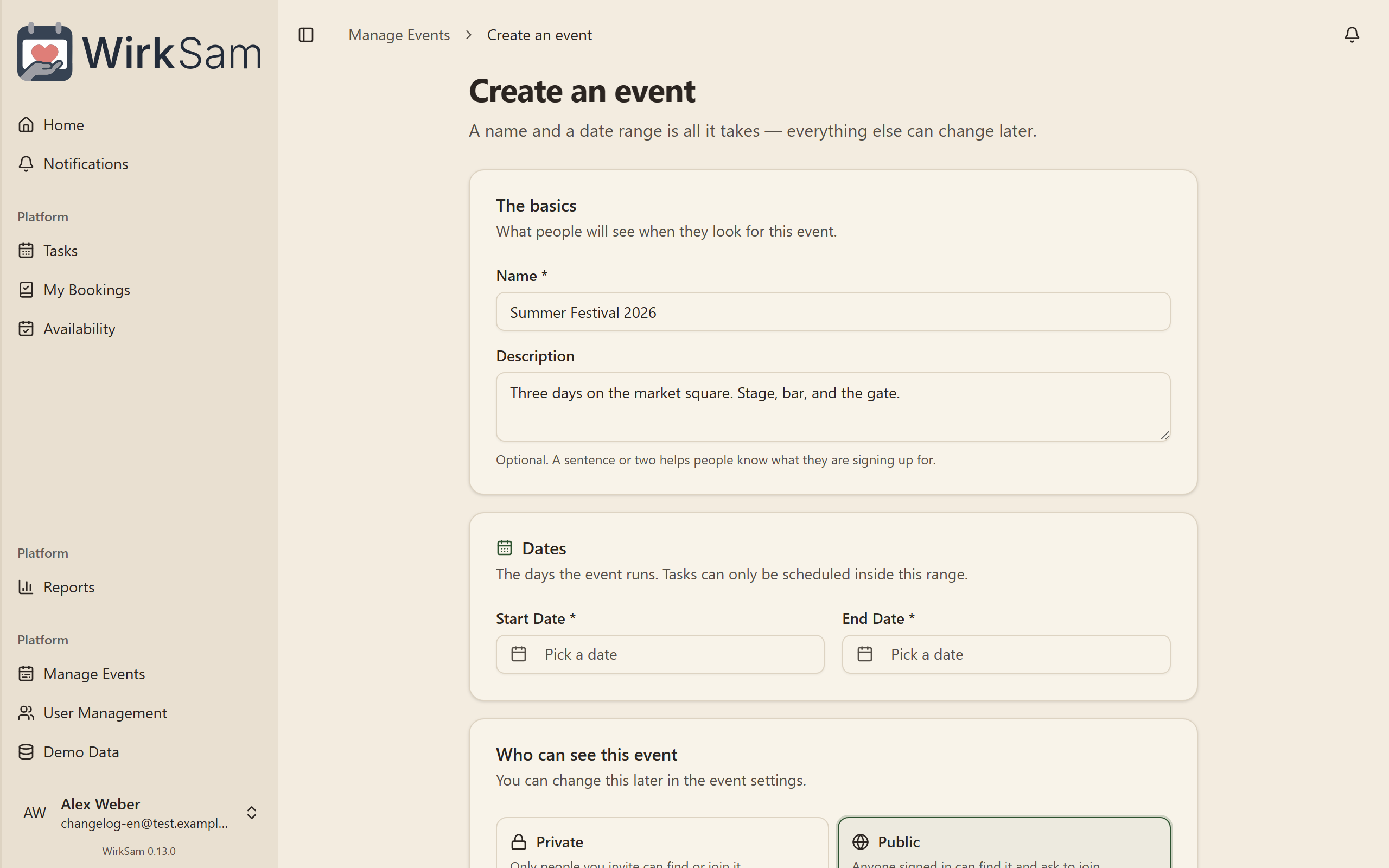 Creating an event, with the form laid out down the page