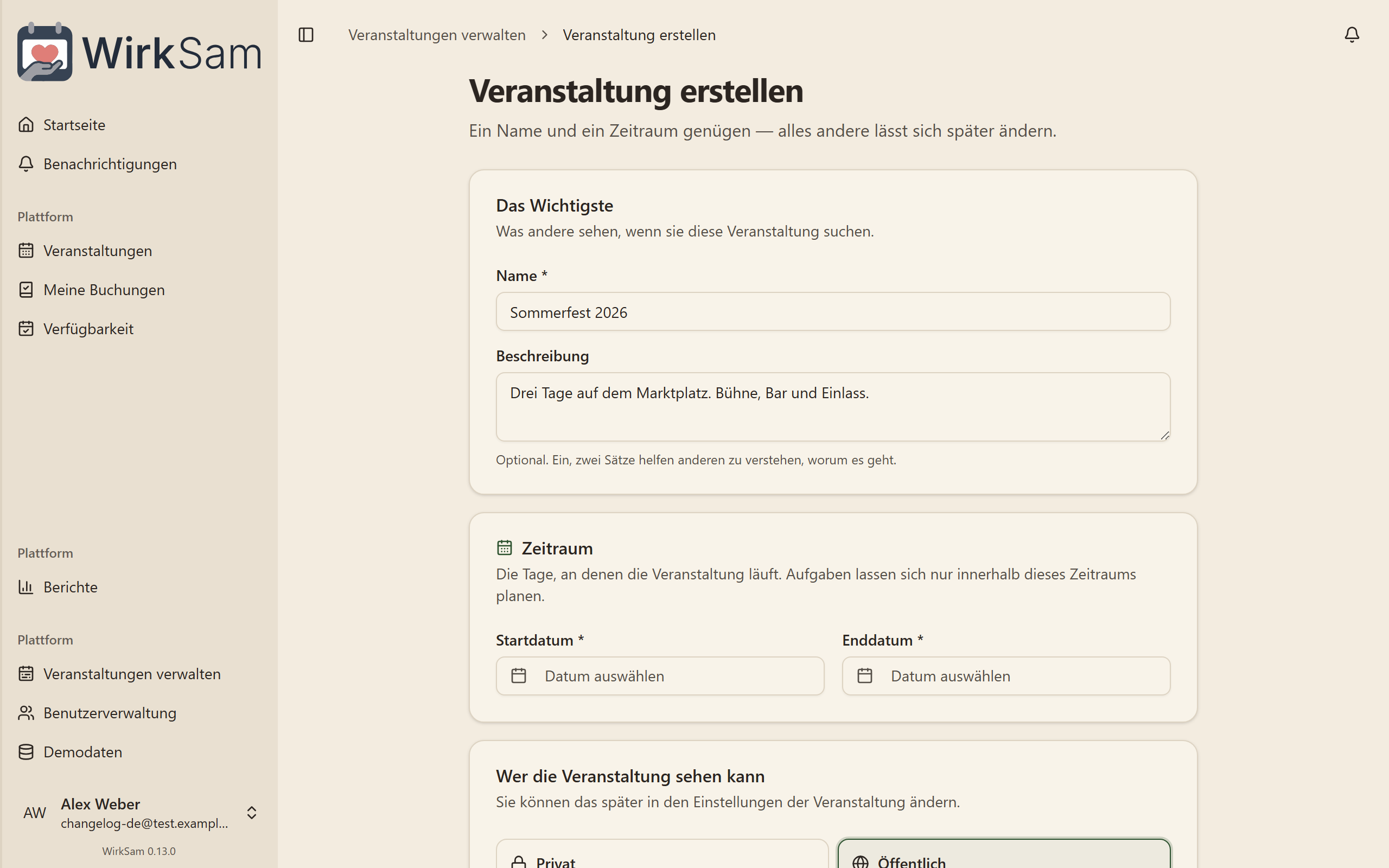 Eine Veranstaltung anlegen, das Formular über die Seite verteilt