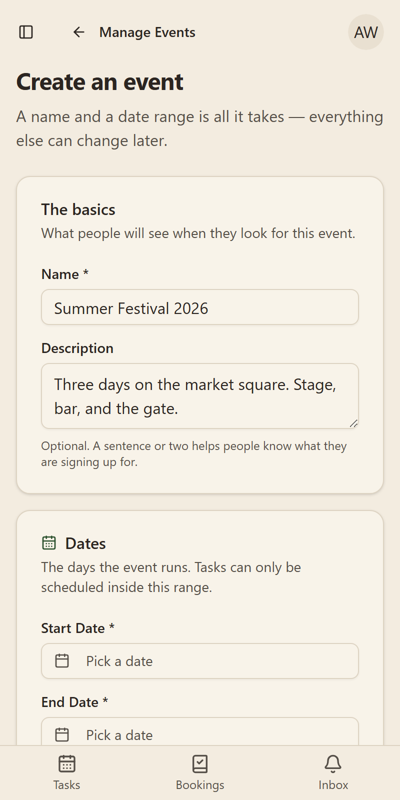 Creating an event on a phone
