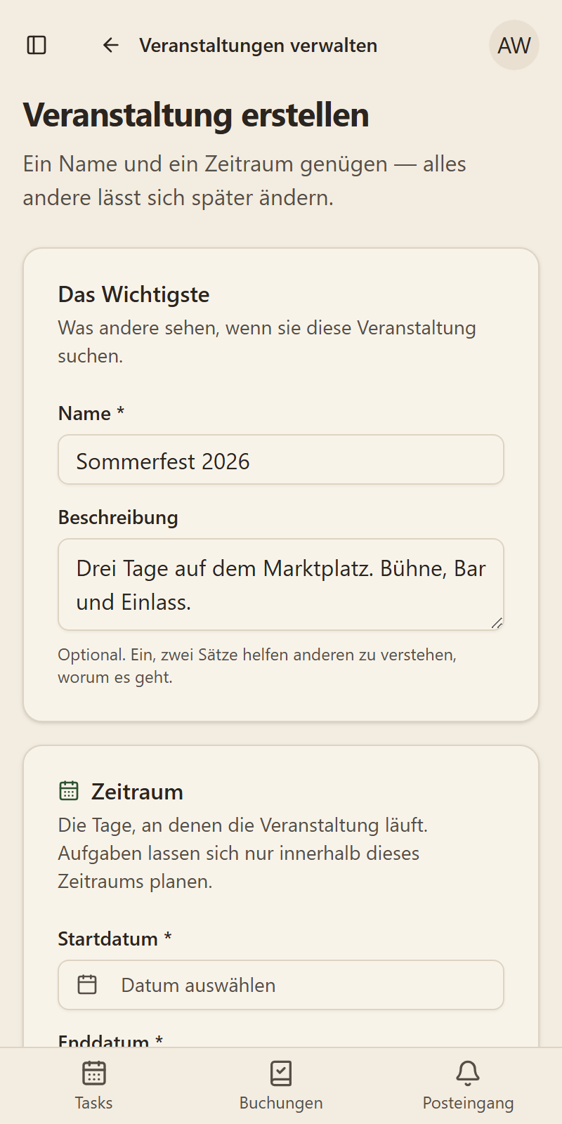 Eine Veranstaltung auf dem Handy anlegen