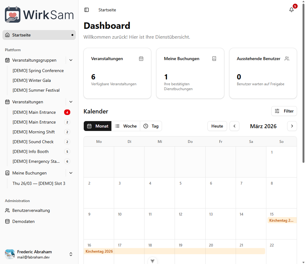 Dashboard mit Kalender und Schnellstatistiken