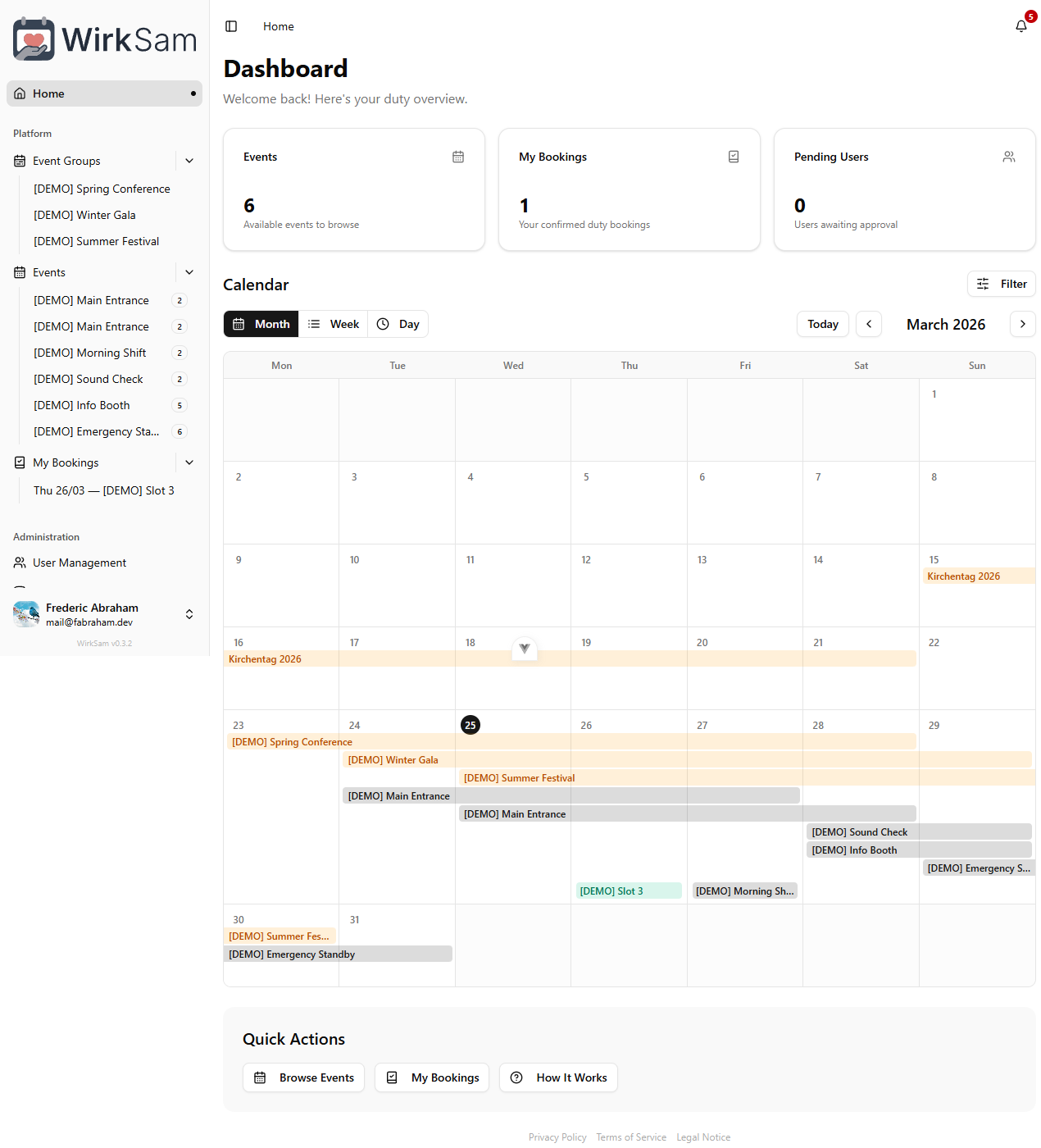 Dashboard with calendar and quick stats