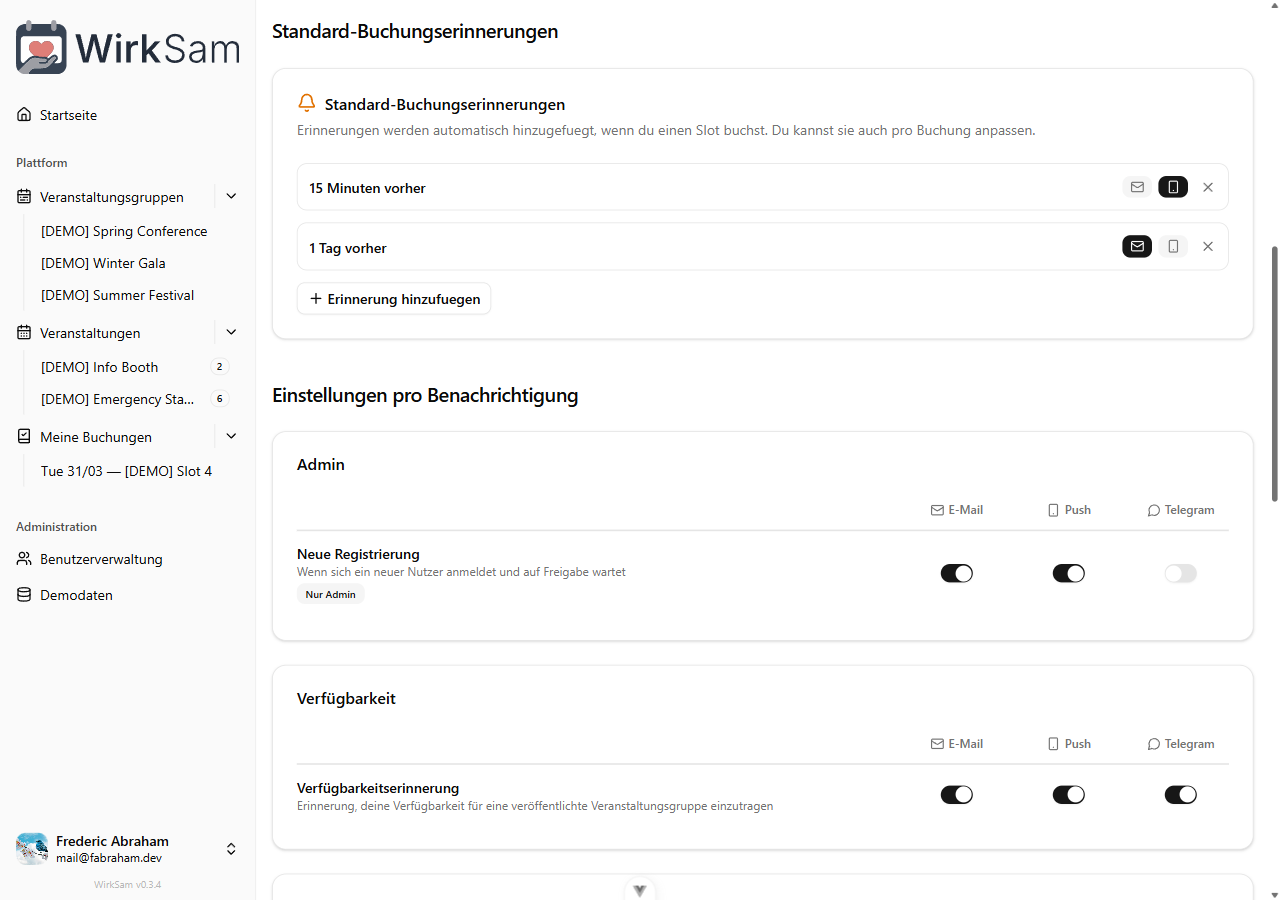 Standard-Erinnerungen mit Kanalauswahl pro Zeitpunkt