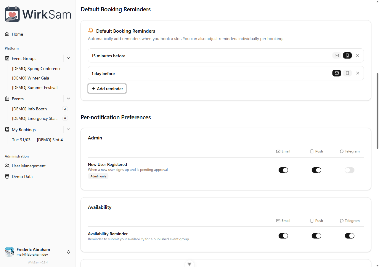 Default reminder settings with per-offset channel selection