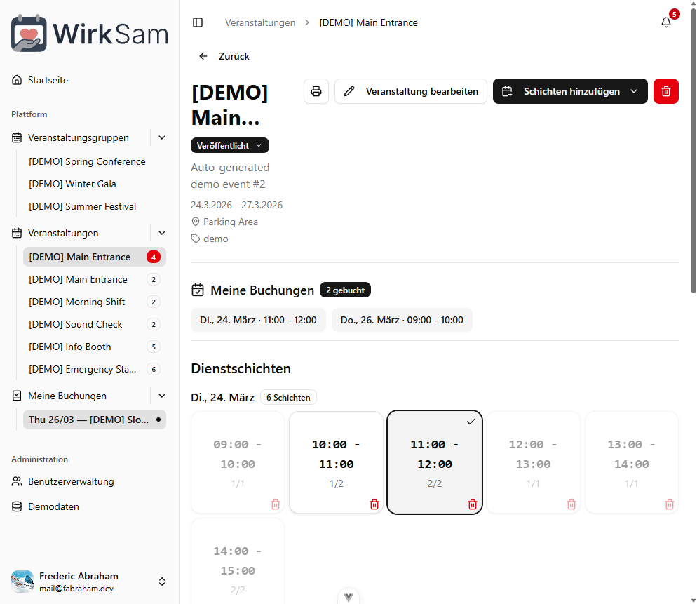 Veranstaltungsdetails mit deutlich hervorgehobenen gebuchten Schichten