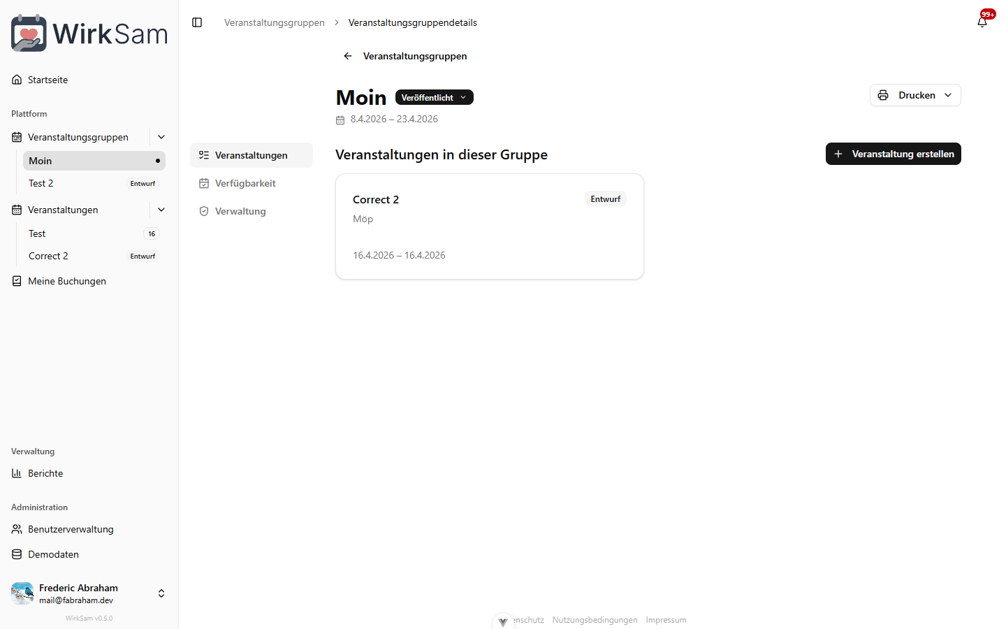 Überarbeitete Eventgruppen-Detailseite mit seitlicher Tab-Navigation