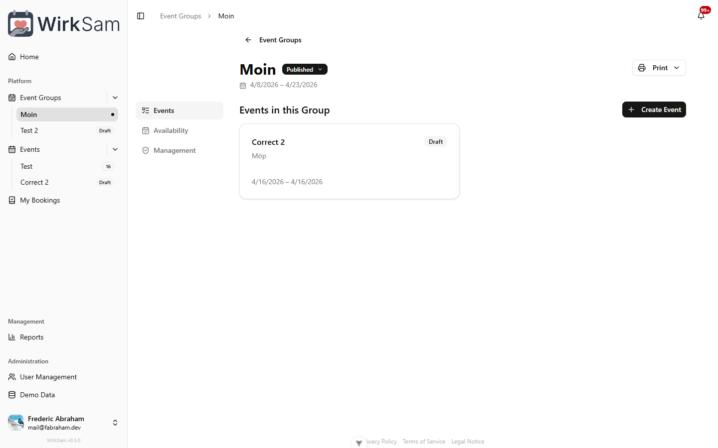 Redesigned event group detail page with tabbed side navigation