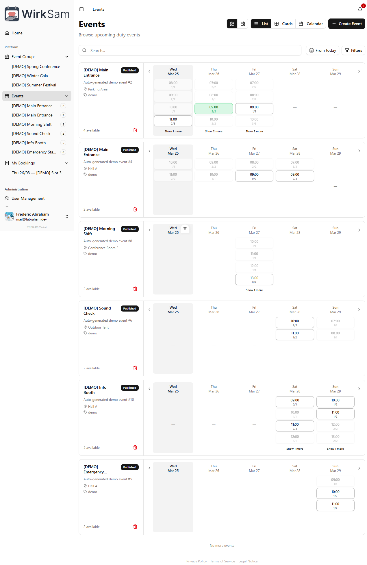Events overview with inline shift preview