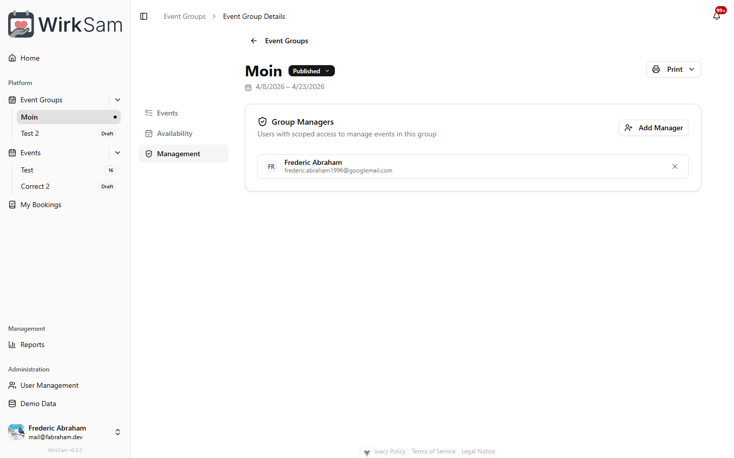 Group Managers tab showing assigned managers with add and remove options