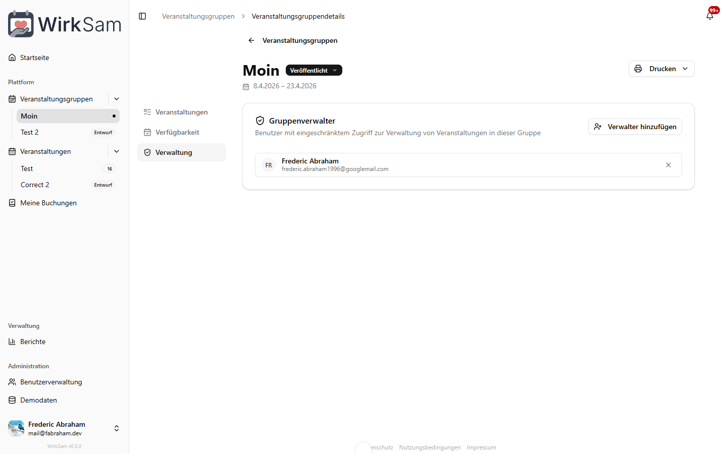 Verwaltungs-Tab mit zugewiesenen Gruppenverwaltern und Optionen zum Hinzufügen und Entfernen