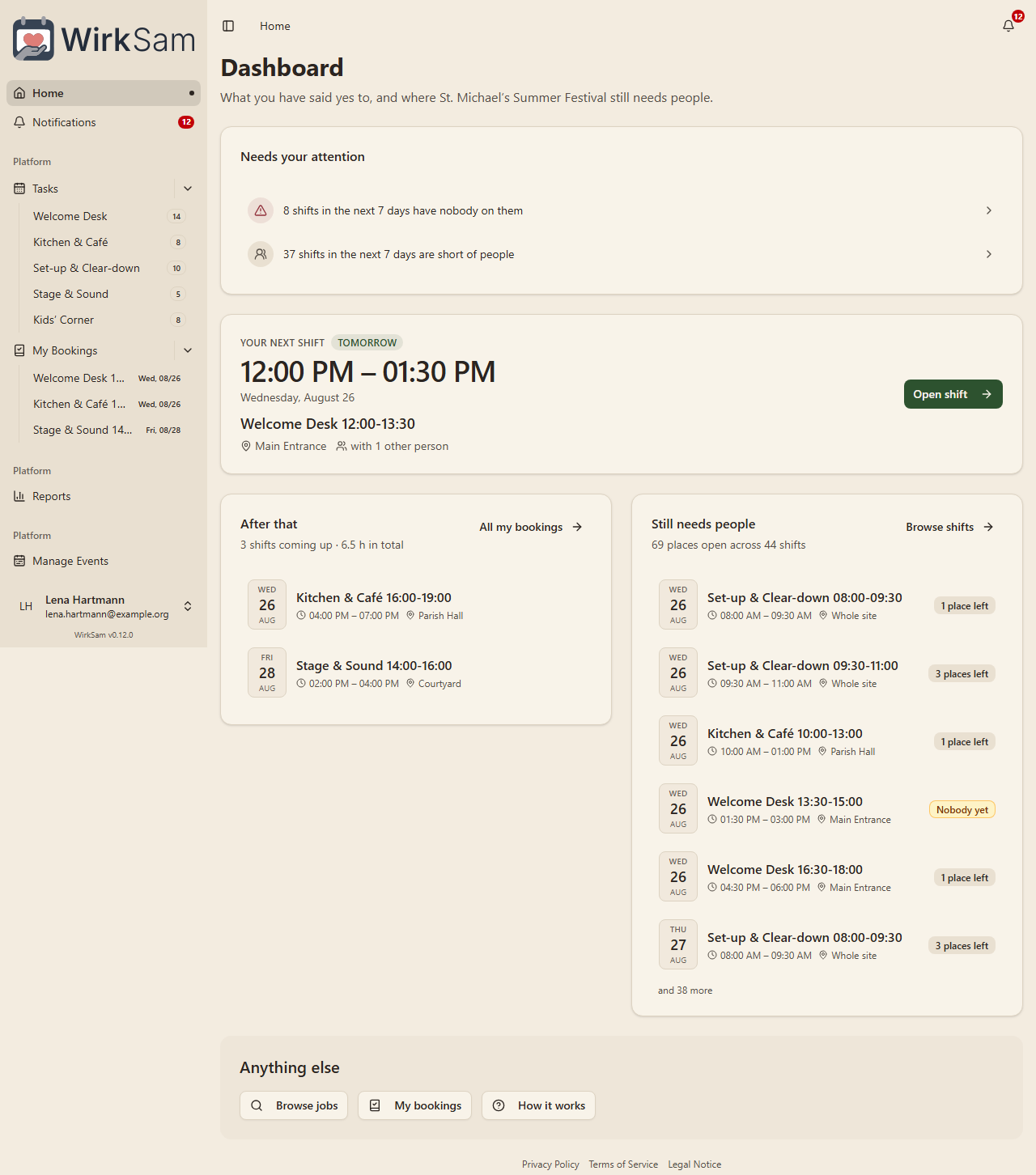 The dashboard, for somebody who both runs an event and helps at it