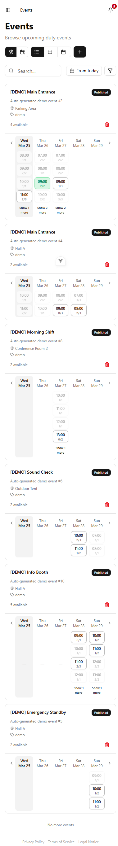 Events view on mobile with shift grid