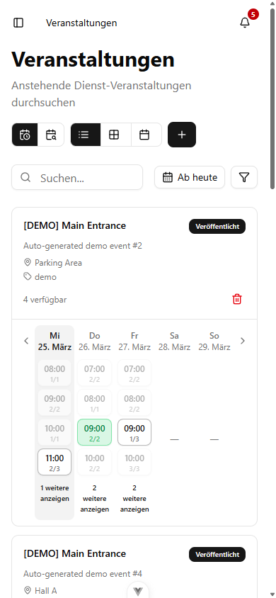 Veranstaltungsansicht auf dem Mobilgerät mit Schichtraster