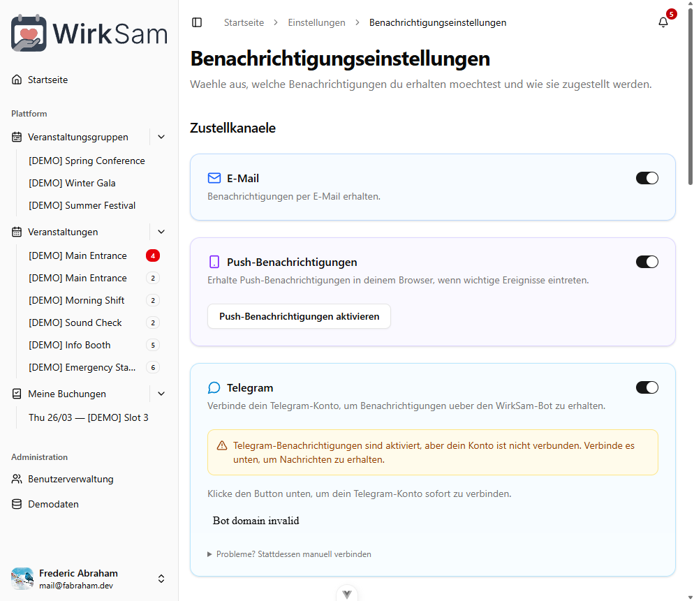 Benachrichtigungseinstellungen mit Push- und Telegram-Kanälen