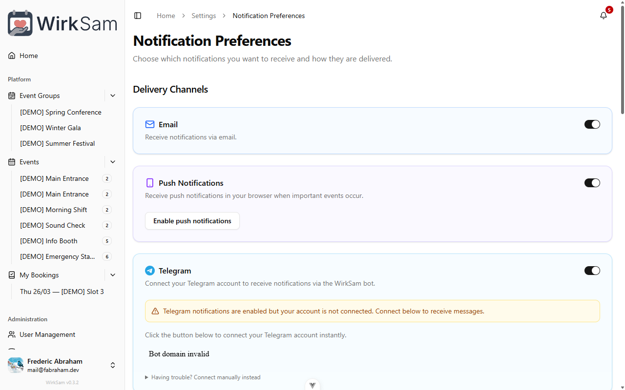 Notification settings with Push and Telegram channels