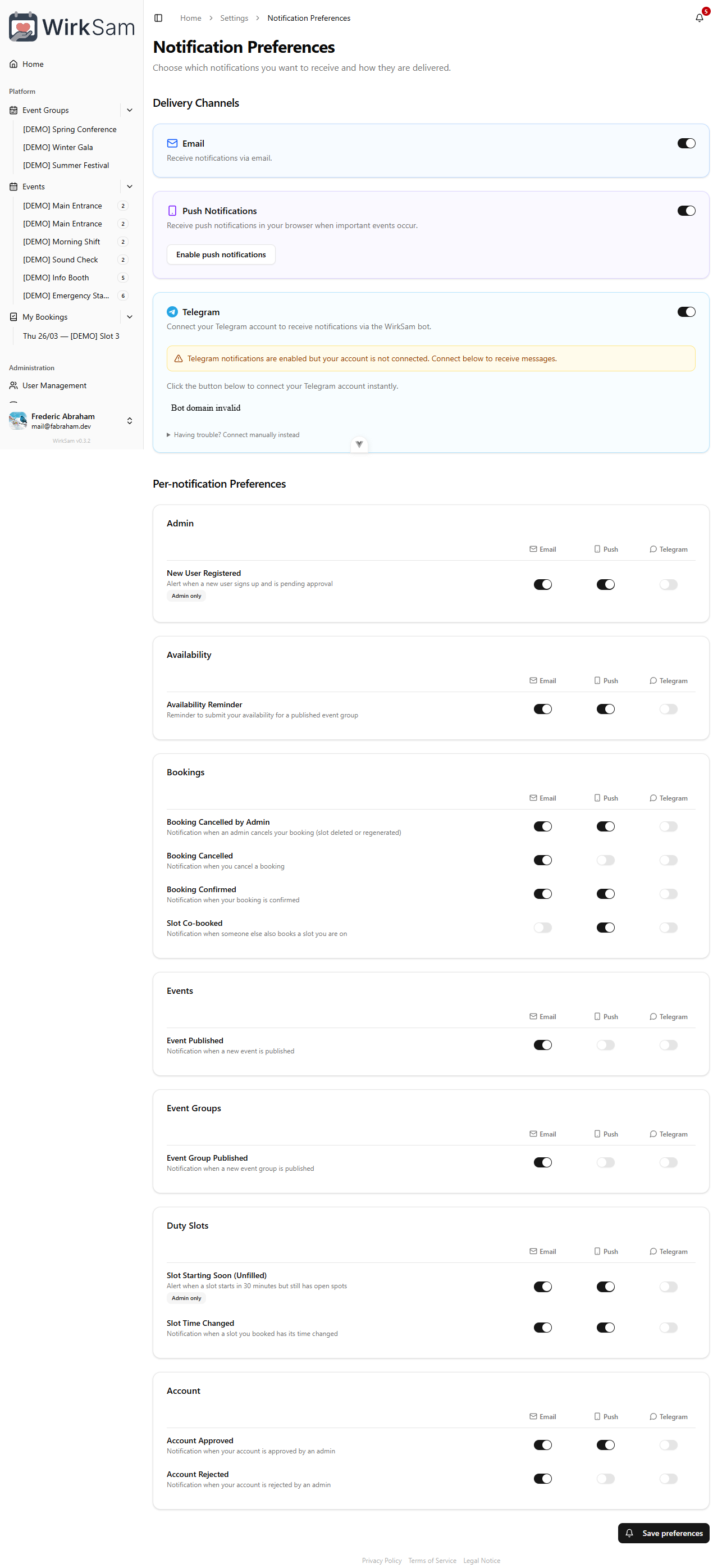 Full notification preferences with per-type channel toggles