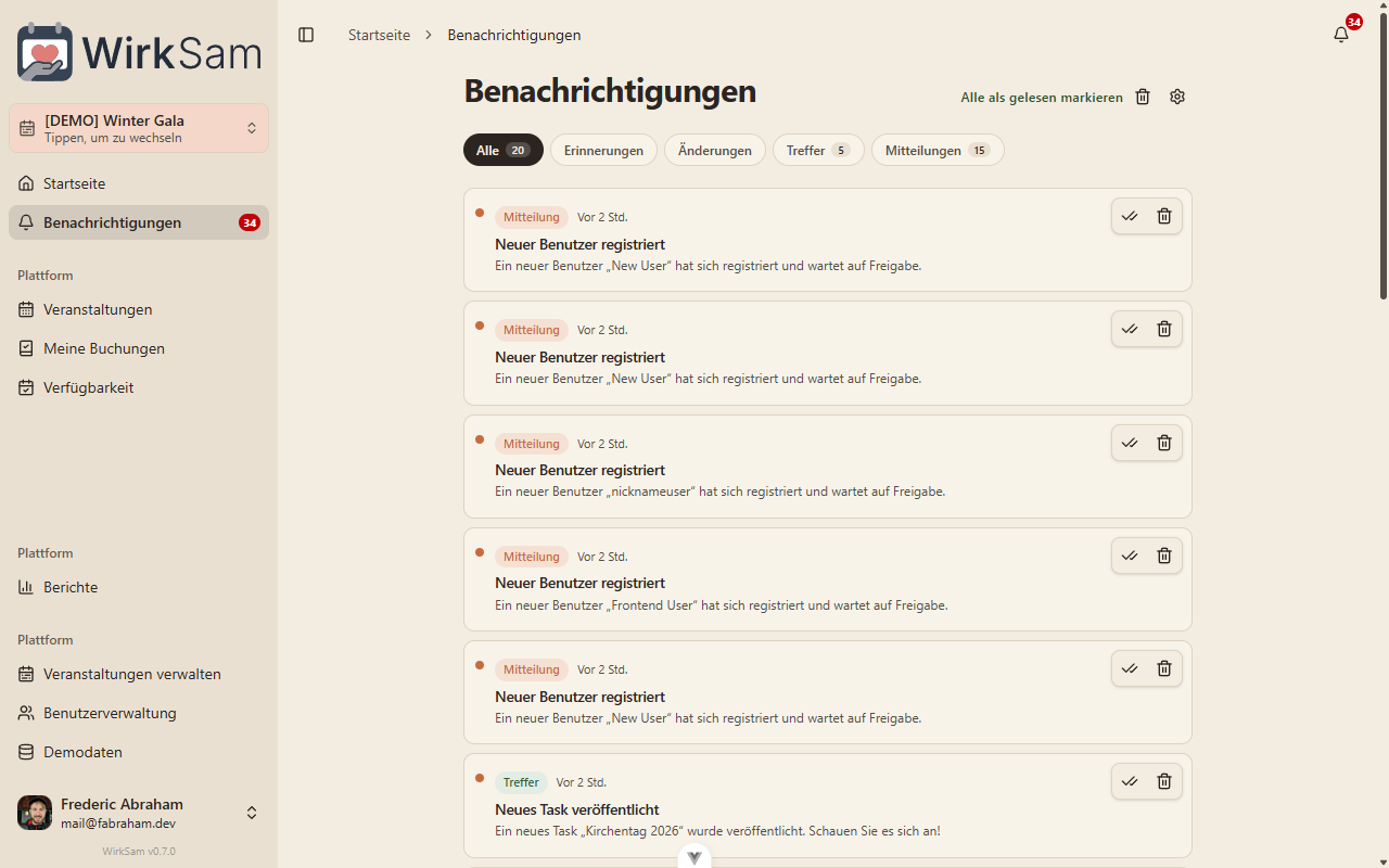 Neu gestalteter Benachrichtigungs-Posteingang mit Klassifizierungs-Tabs und Inline-Aktionen