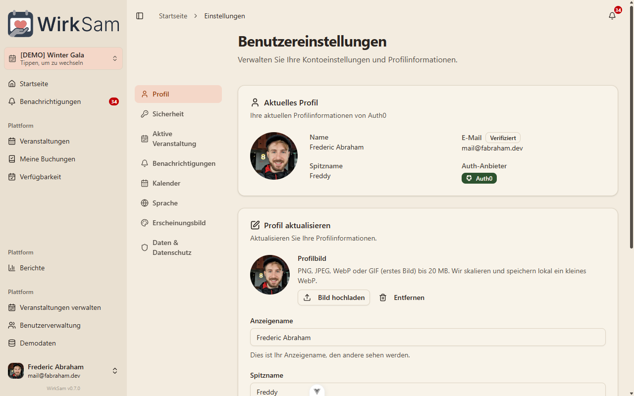 Profil-Einstellungen mit der neuen Profilbild-Auswahl und der erweiterten Seitenleiste (Aktive Veranstaltung, Erscheinungsbild …)