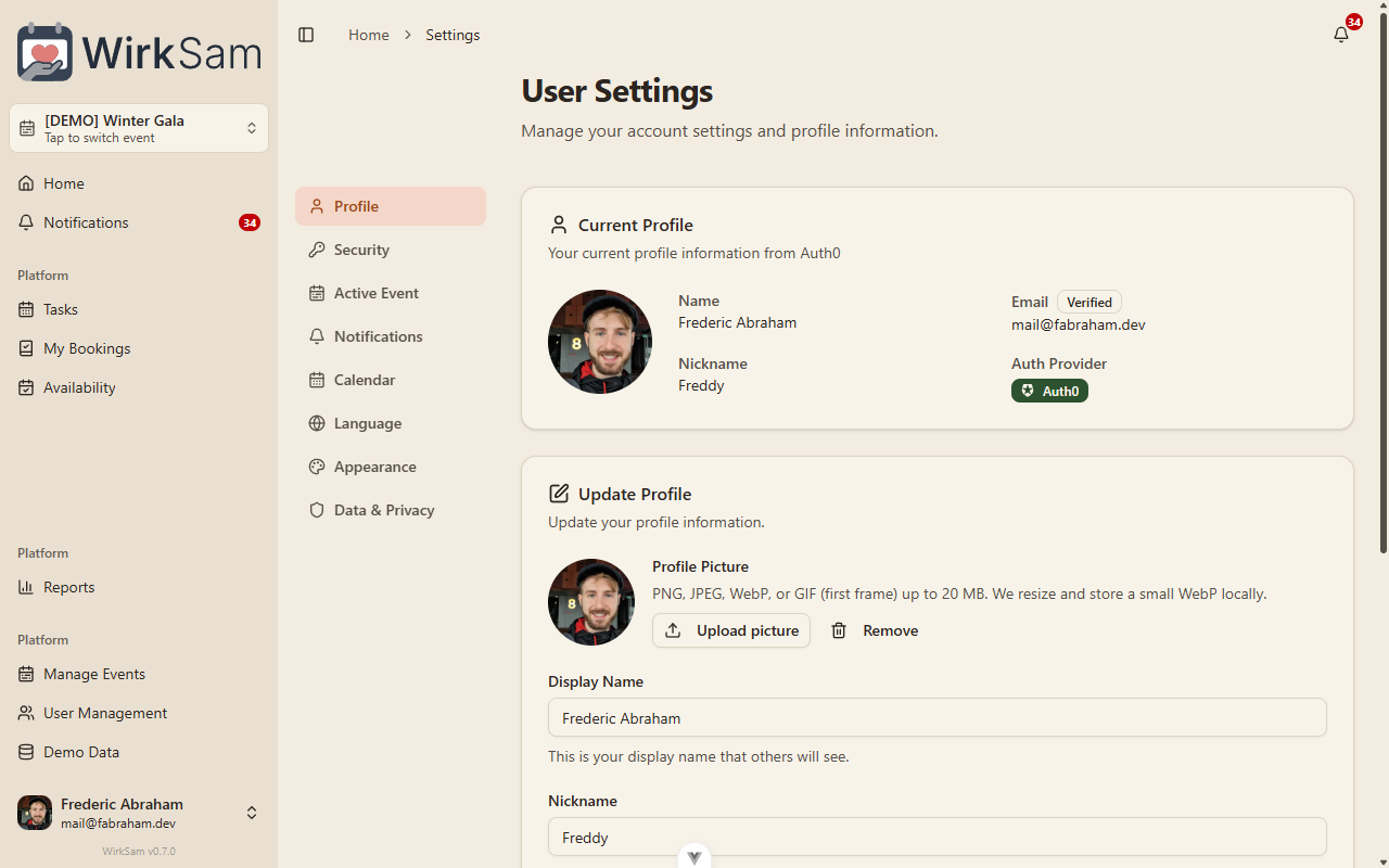 Profile settings with the new avatar picker and updated sidebar (Active Event, Appearance, etc.)