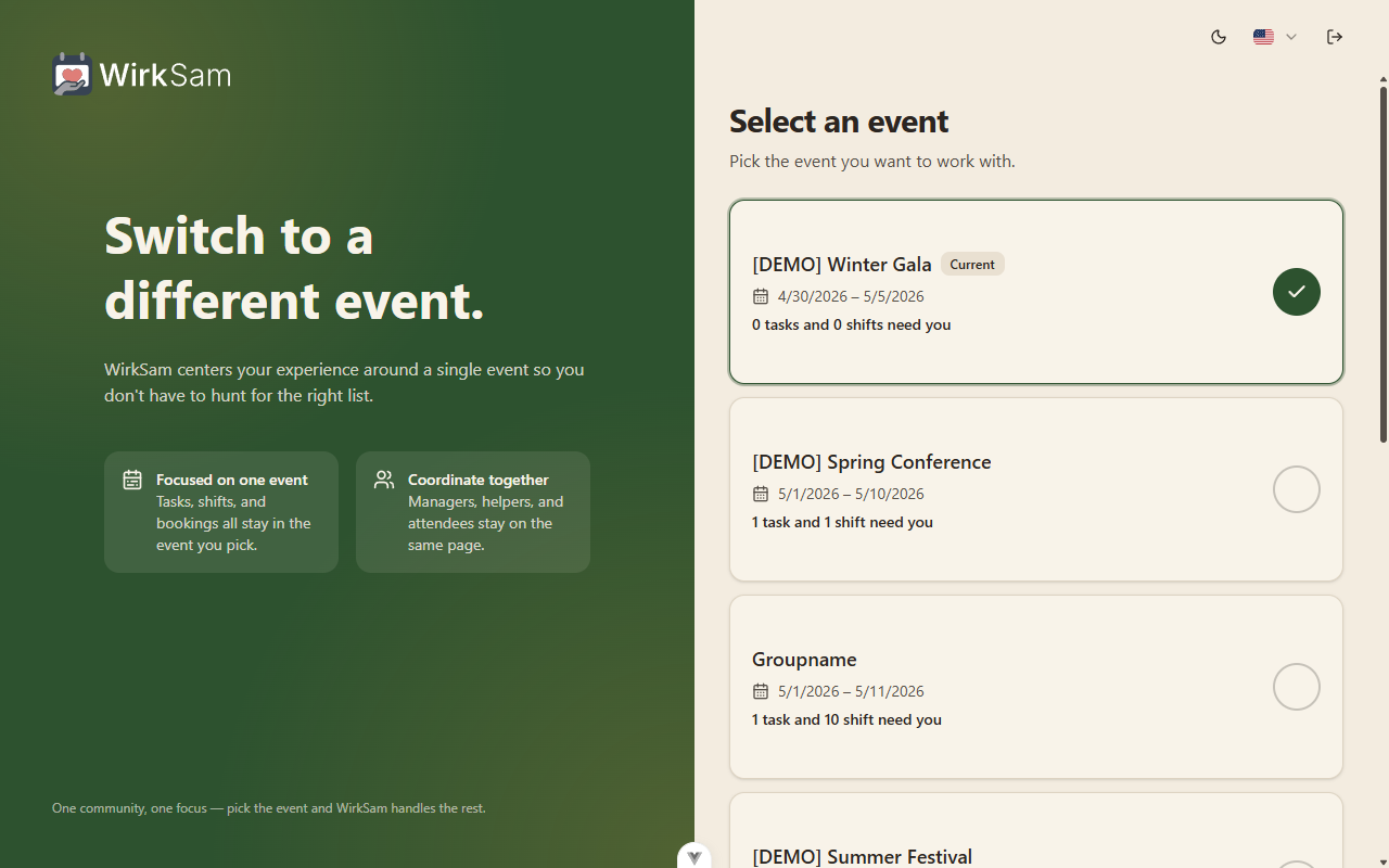 Select-event picker with hero pane and event cards on the right