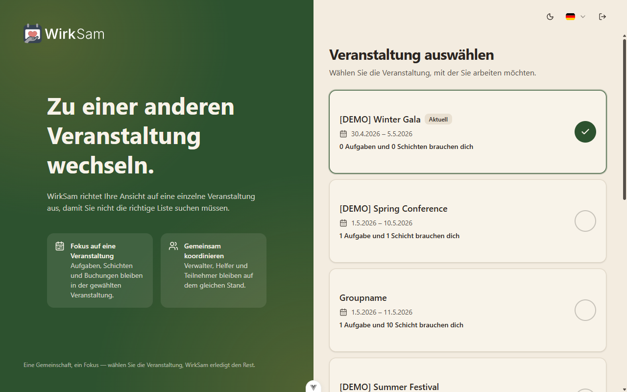 Veranstaltungs-Picker mit Hero-Bereich links und Veranstaltungskarten rechts