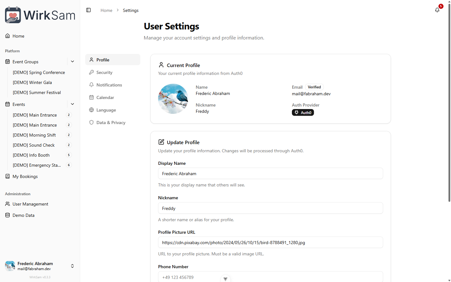 Settings page with sectioned sidebar navigation
