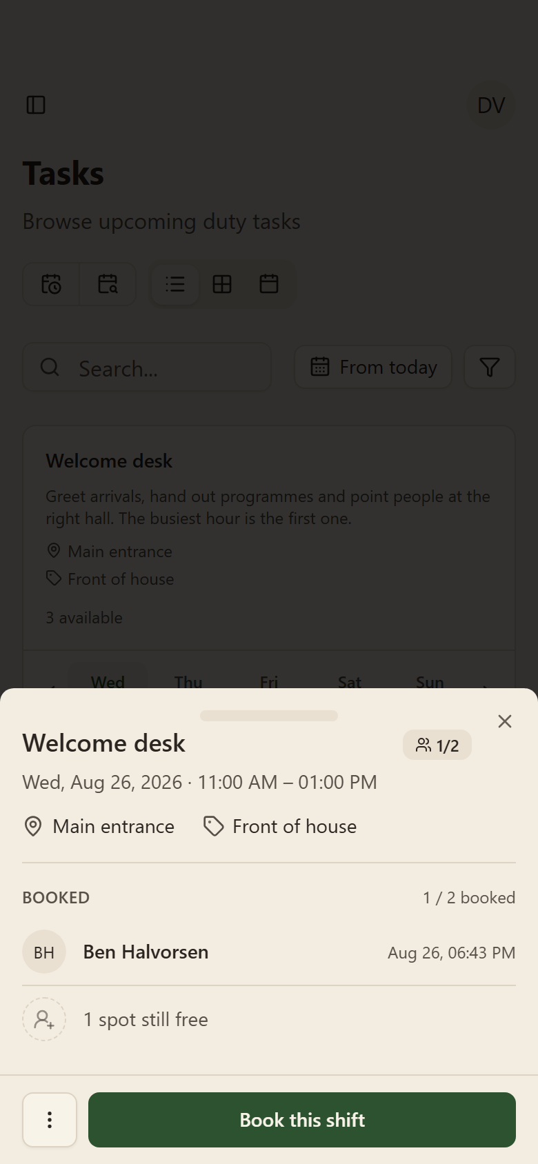 A shift, opened on a phone