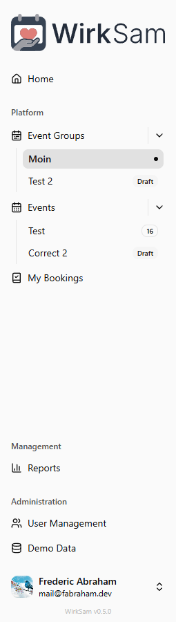 Sidebar showing draft badges on unpublished event groups and events
