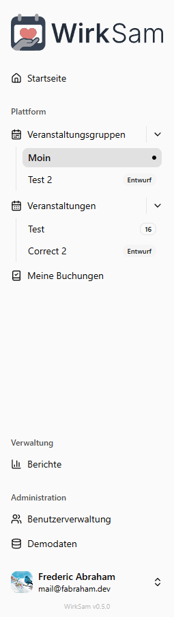 Seitenleiste mit Entwurf-Badges bei unveröffentlichten Eventgruppen und Veranstaltungen