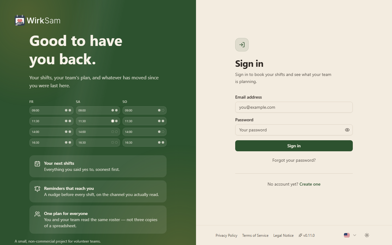 The sign-in screen, with the roster filling up beside the form