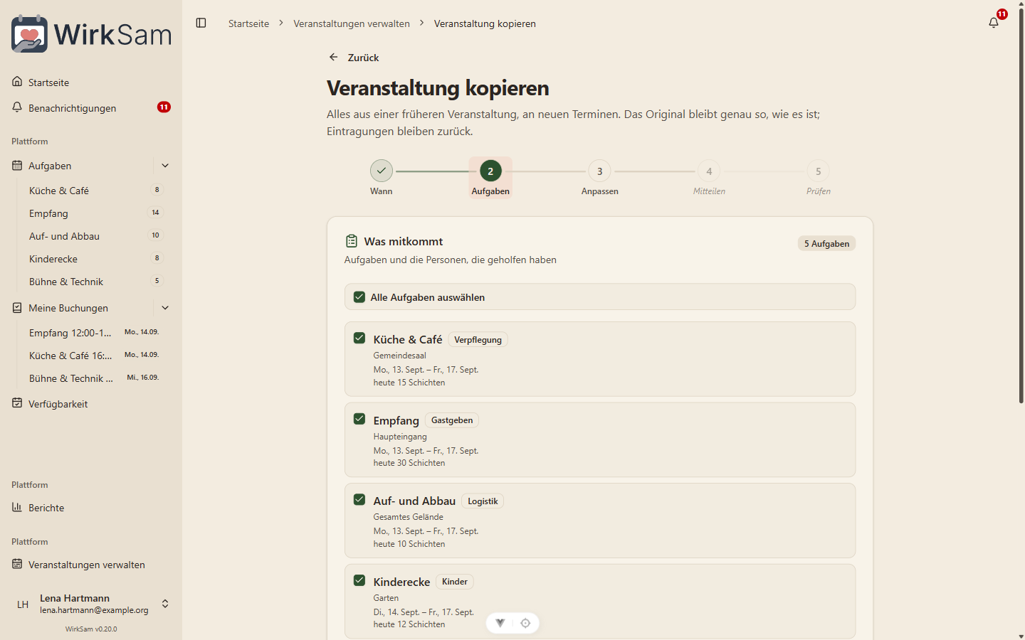 Die Seite zum Kopieren einer Veranstaltung: die Aufgaben vom letzten Mal mit ihrer Schichtzahl, alle angehakt für die neuen Termine.