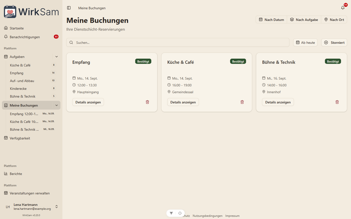 Die Seite „Meine Buchungen“ mit den bestätigten Schichten samt Datum, Uhrzeit und Ort.