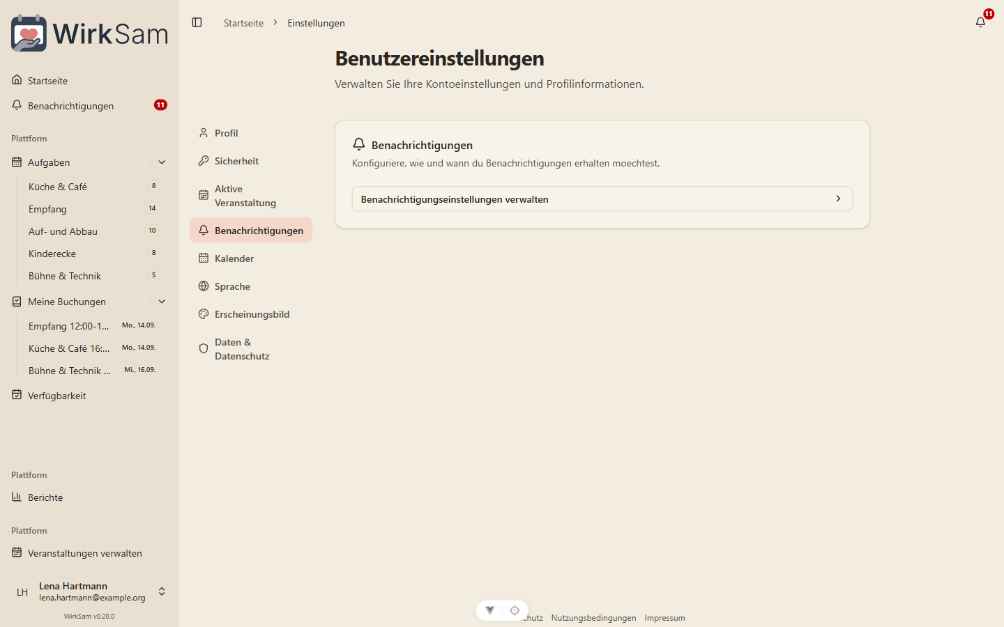 Die Benachrichtigungseinstellungen: pro Art eine Zeile, mit Schaltern für E-Mail, Push und Telegram.