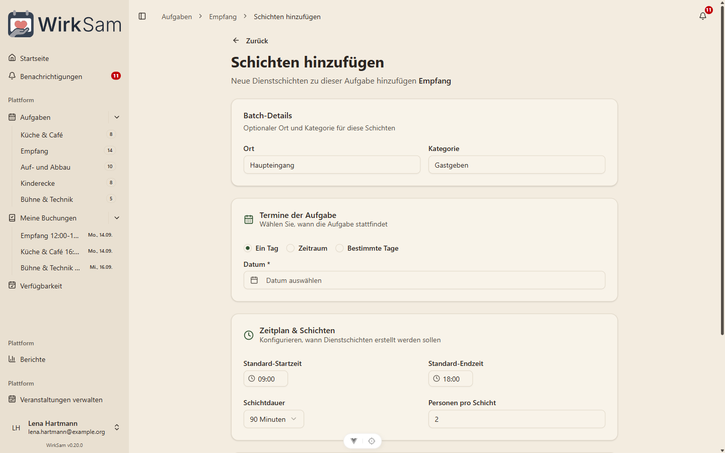 Das Formular für den Zeitplan neben einer Vorschau aller Schichten, die daraus entstünden.