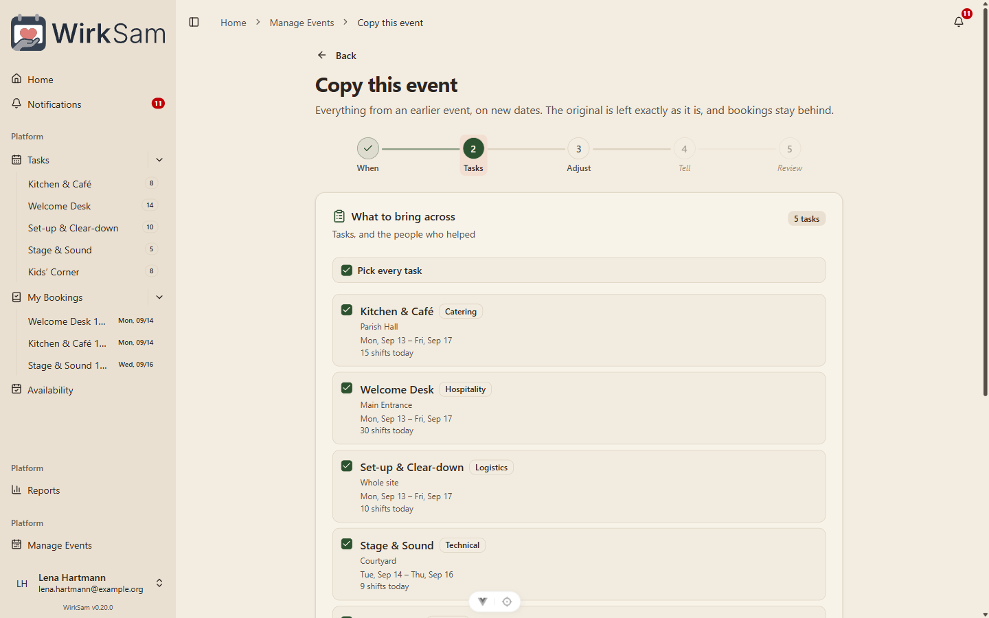 The copy-event screen listing last year's tasks with their shift counts, each ticked to come across to the new dates.