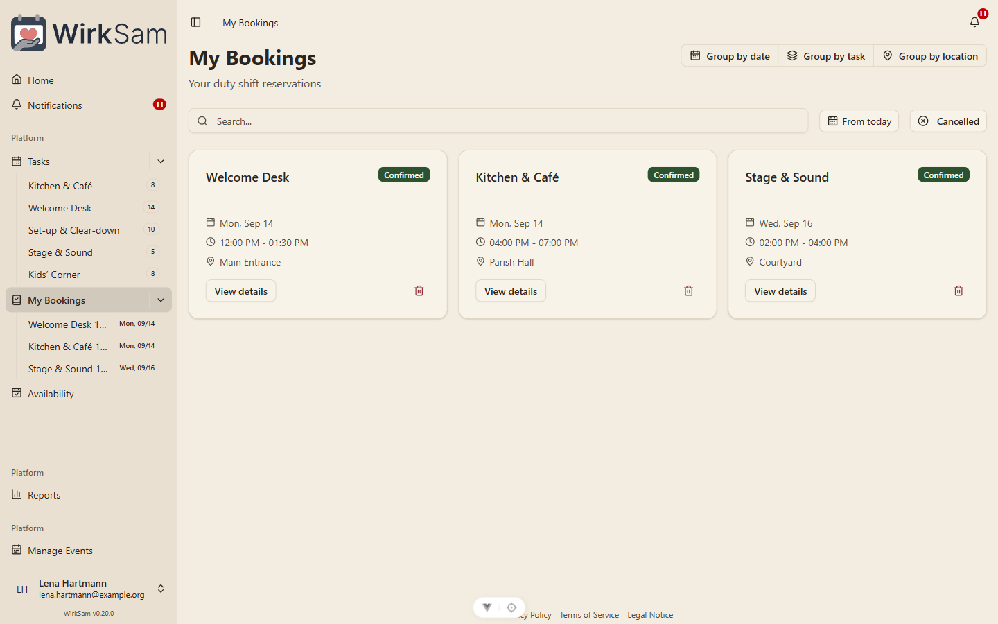 The My Bookings page listing confirmed shifts with their dates, times, and locations.