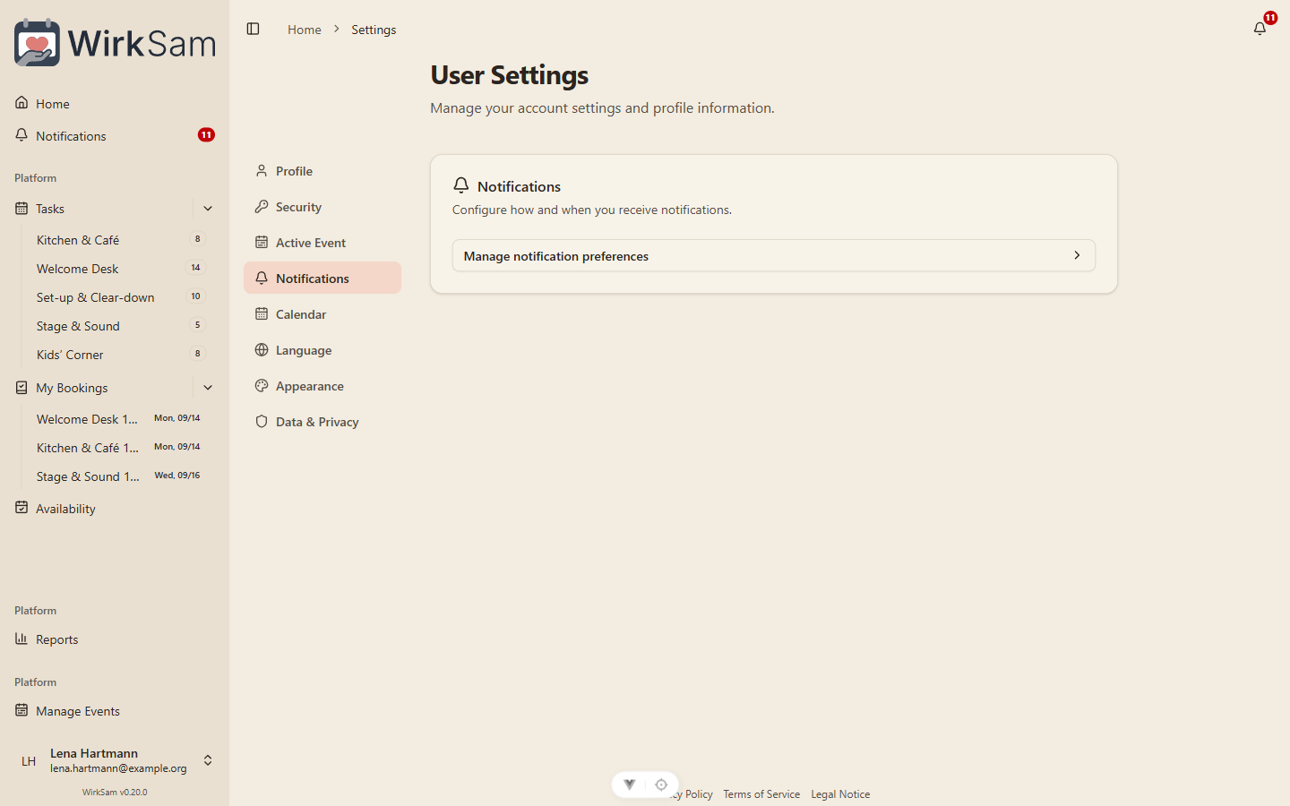 Notification settings with a row per notification type and per-channel switches for email, push, and Telegram.