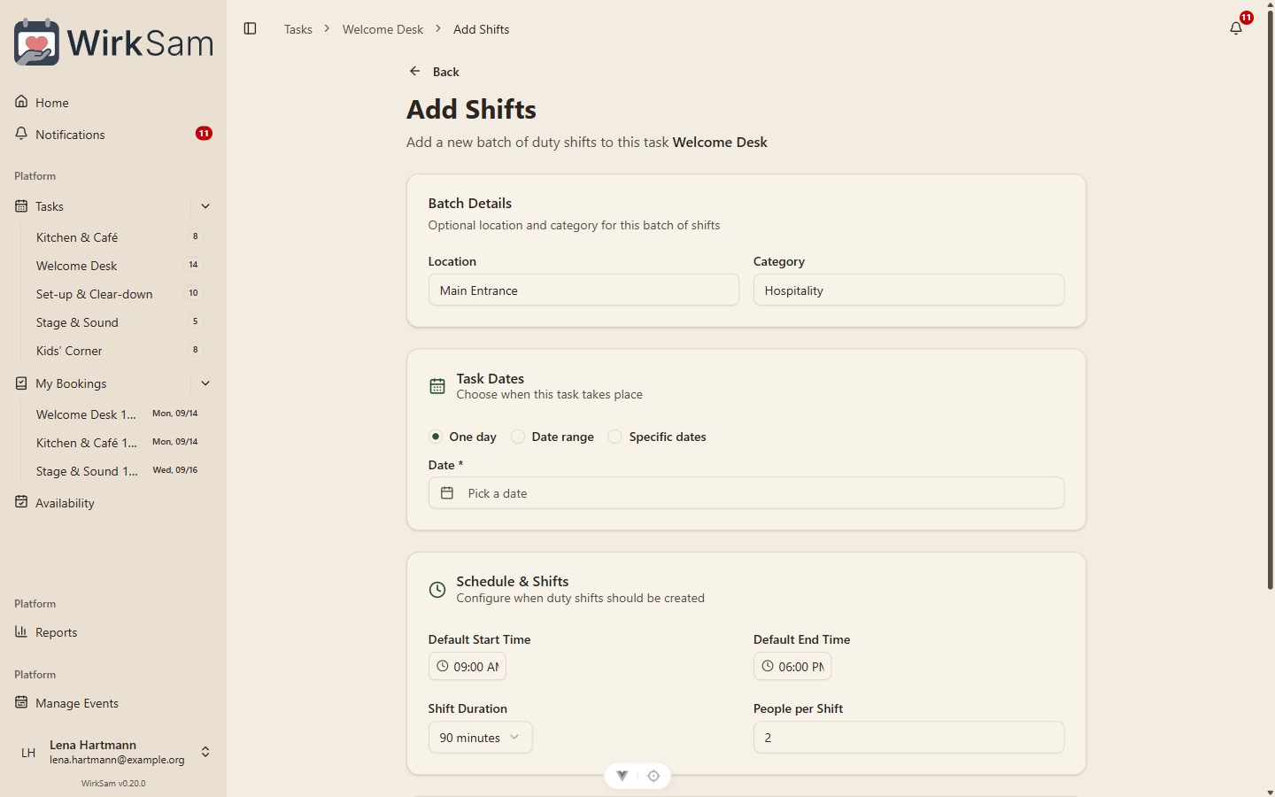 The shift schedule form beside a live preview of every shift it would create.