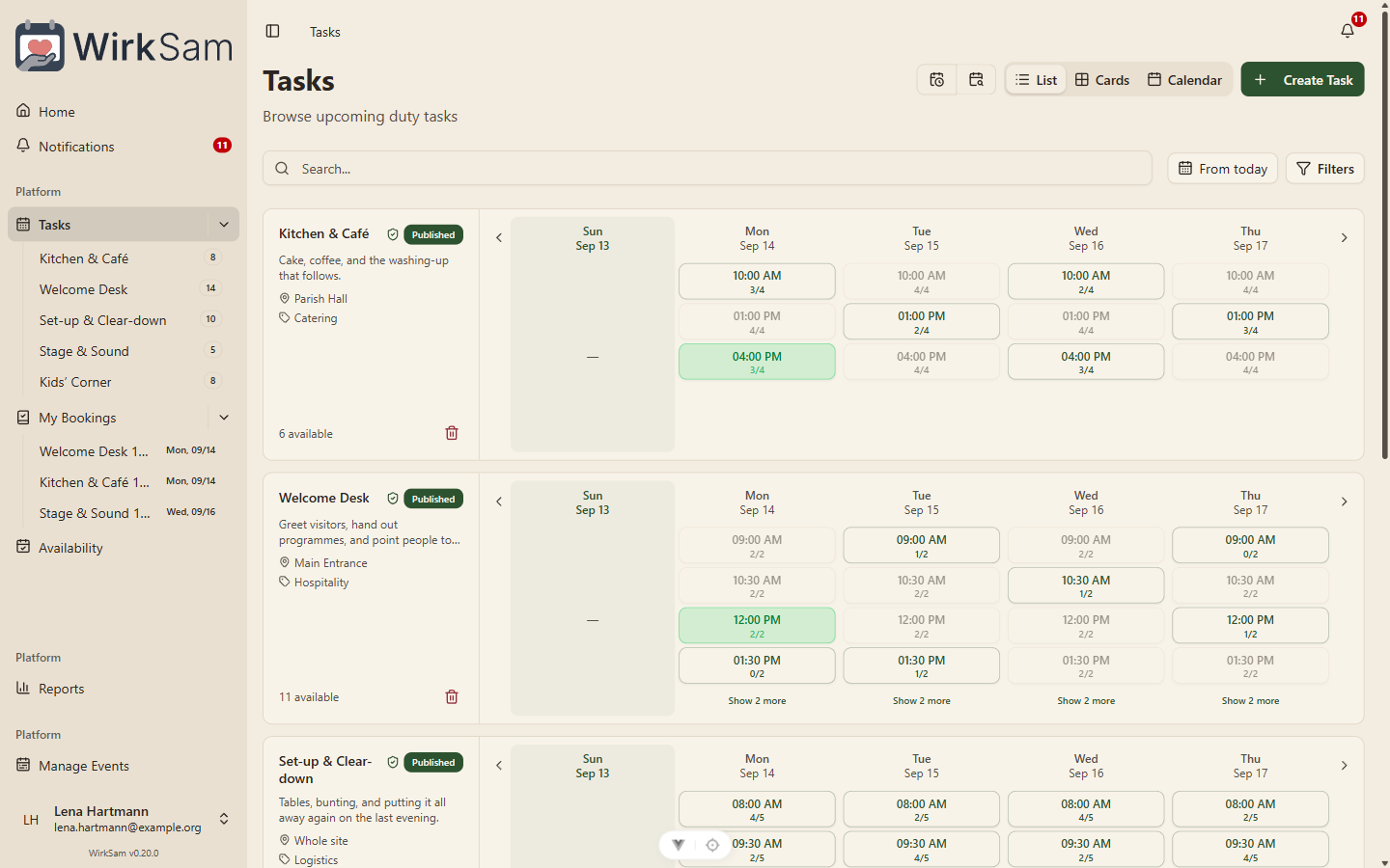 The task list with a week of shifts beside each entry, showing booked and open places per slot.